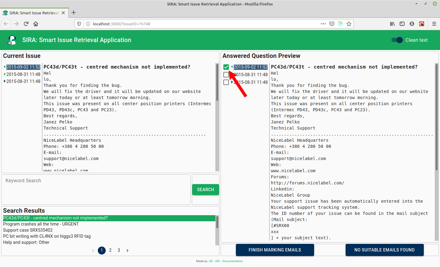 Marking the email as the one providing relevant answer image