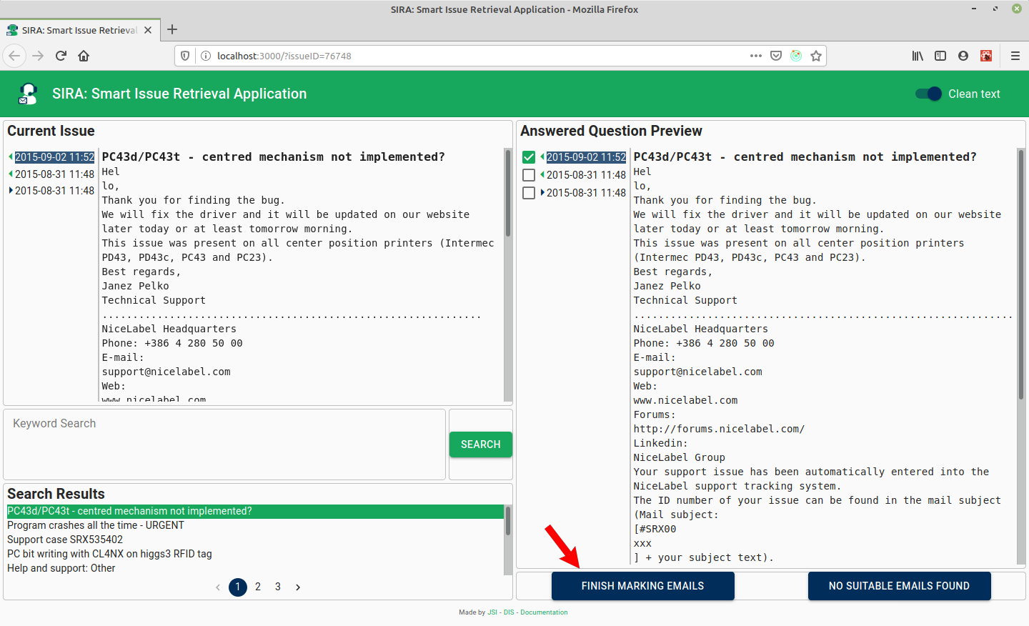 Clicking the **Finish marking emails** button image