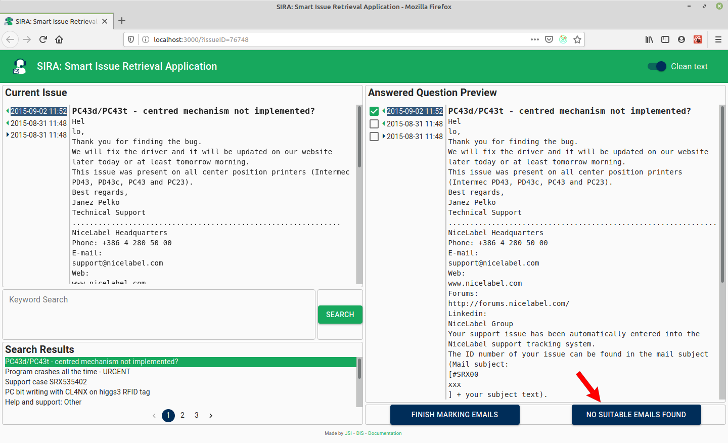 Clicing the **No suitable emails found** button