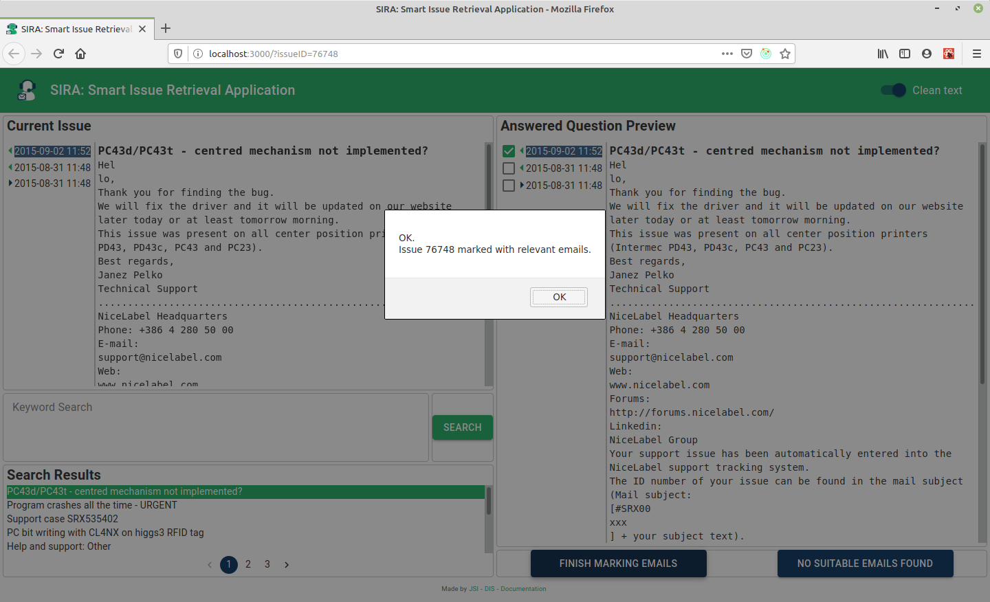 Message after clicking **Finish marking emails** button image