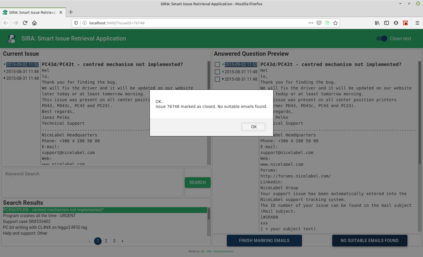 Message after clicking **No suitable emails found** button